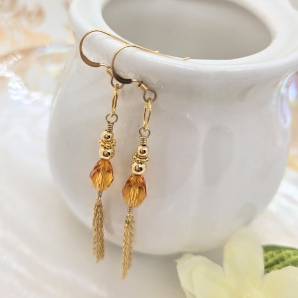 Orange Swarovski Crystal Gold Filled Tassel Dangle Bridgerton Earrings - Picture 4 of 6